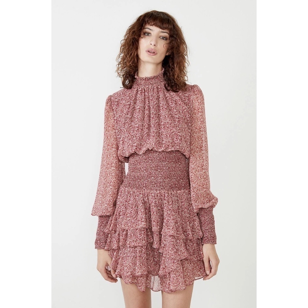 Bardot Dress Georgette Soft Floral Tiered Shirred Mini Long Sleeve Pink M